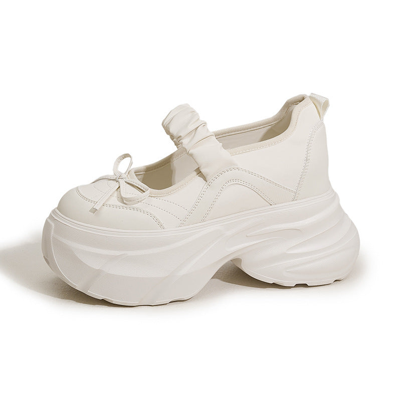 Mary Jane White Silver Sweet Bow Height Increasing Insole Women's Shoes