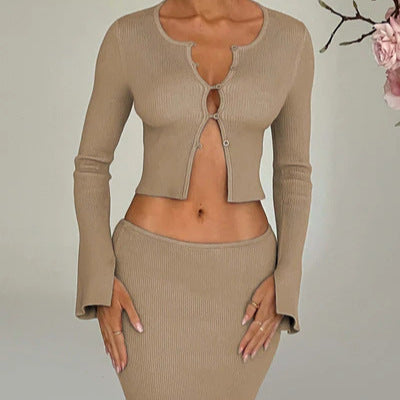 Short Long Sleeve Cardigan Top Split Skirt Suit Women