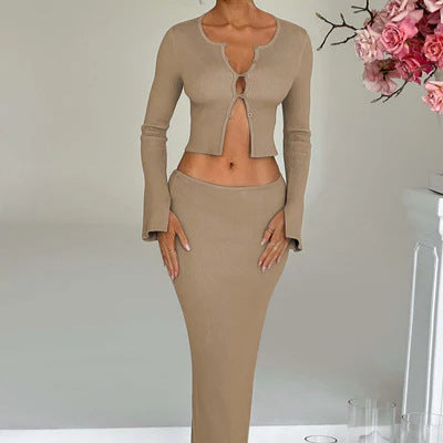 Short Long Sleeve Cardigan Top Split Skirt Suit Women