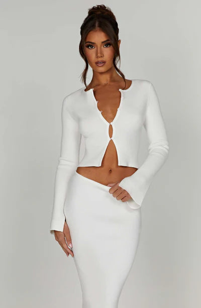 Short Long Sleeve Cardigan Top Split Skirt Suit Women